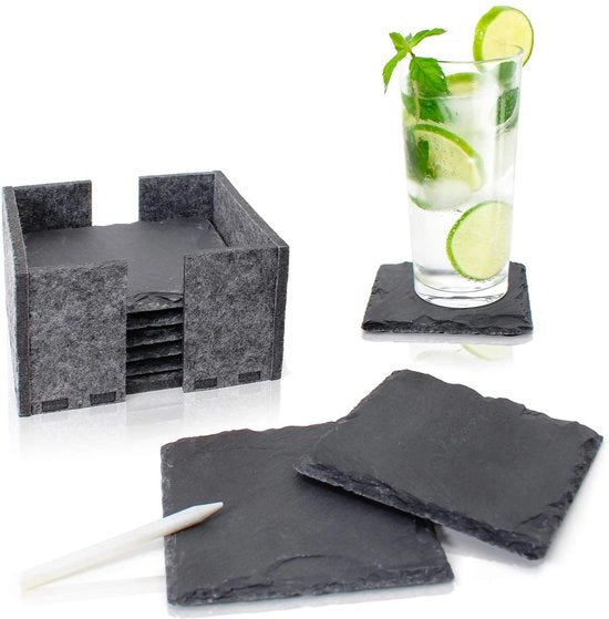 Set di piatti di marmo Slate (8 pezzi) inclusi matite - Piatti decorativi in vetro con base in pietra naturale 100% con cuscino in velluto - Ideale come regalo (10x10 cm)