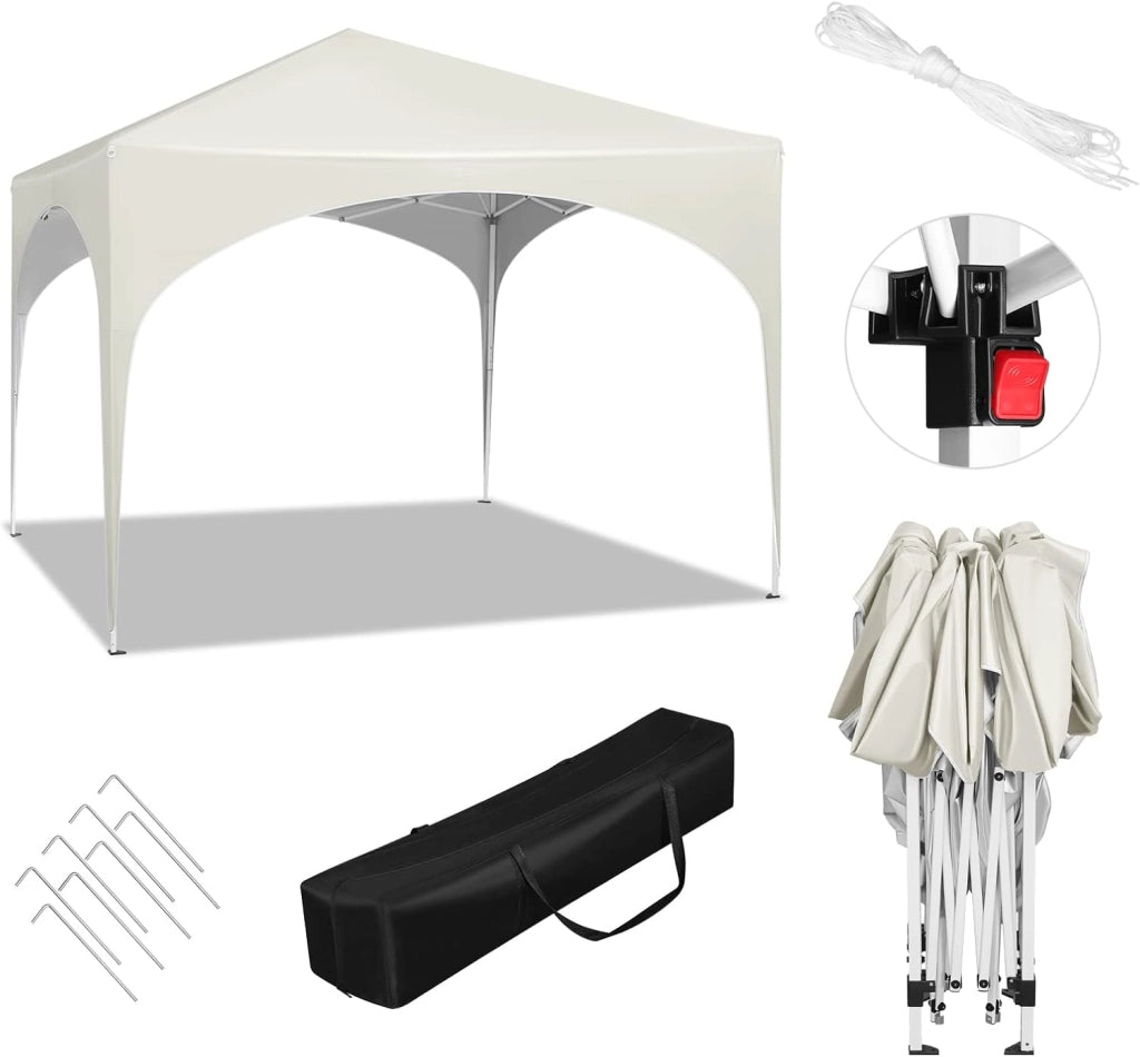 Gazebo da Giardino Richiudibile 3x3m Gazebo Esterno in Ferro Regolabile in Altezza Tendone con Soffitto Semicircolare Pieghevole Protezione Solare, Tende per eventi Facile da Montare Beige