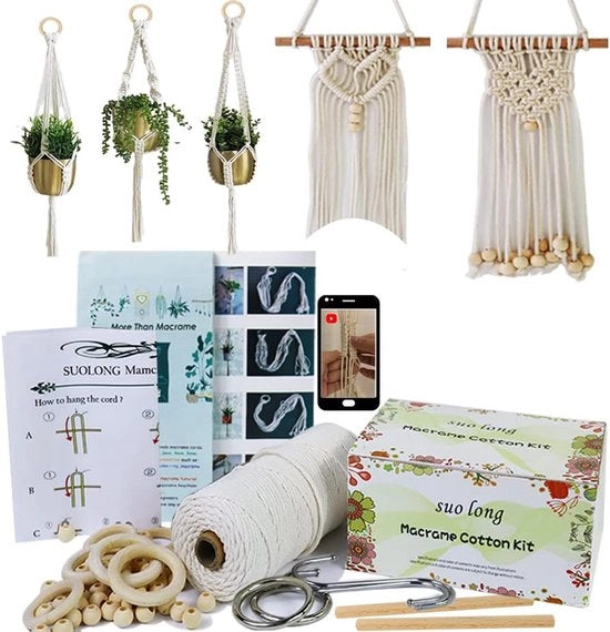 Kit di macramé per principianti e adulti - cordone macramé 3 mm - perle in legno - anelli - libro di istruzioni - accessori - creare un portabotanica con tutto l'occorrente