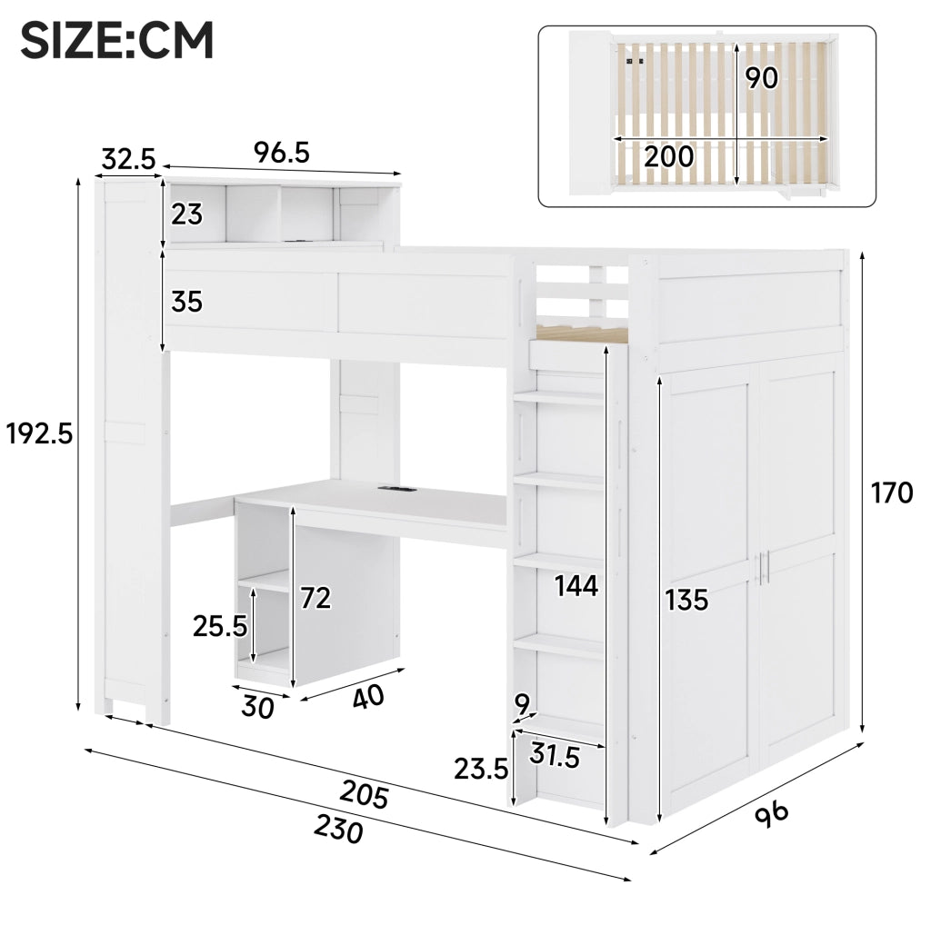 Letto a soppalco 90x200 cm con scrivania; armadio; vani; USB e LED; bianco