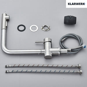 FELICE| Rubinetto da cucina estraibile Premium in acciaio inox argento spazzolato |Miscelatore canna dritta|gastronomia alta pressione 360° 2 attacchi