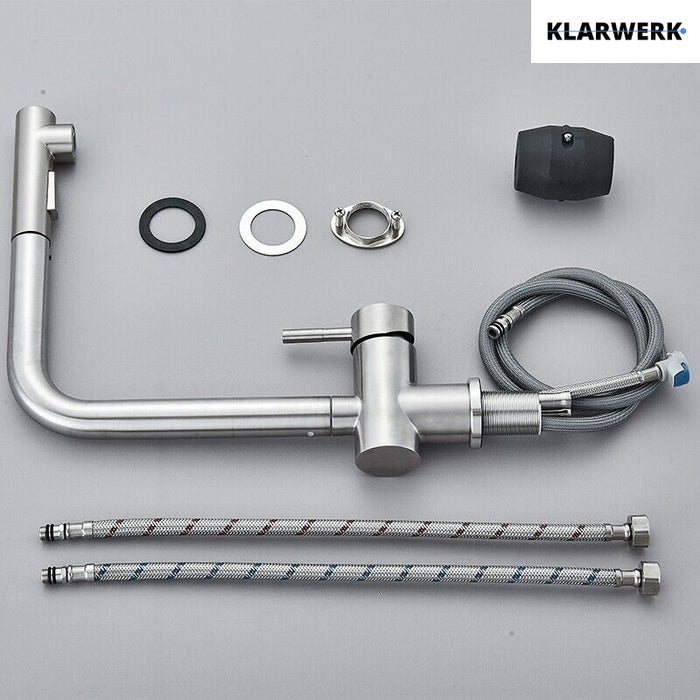 FELICE| Rubinetto da cucina estraibile Premium in acciaio inox argento spazzolato |Miscelatore canna dritta|gastronomia alta pressione 360° 2 attacchi