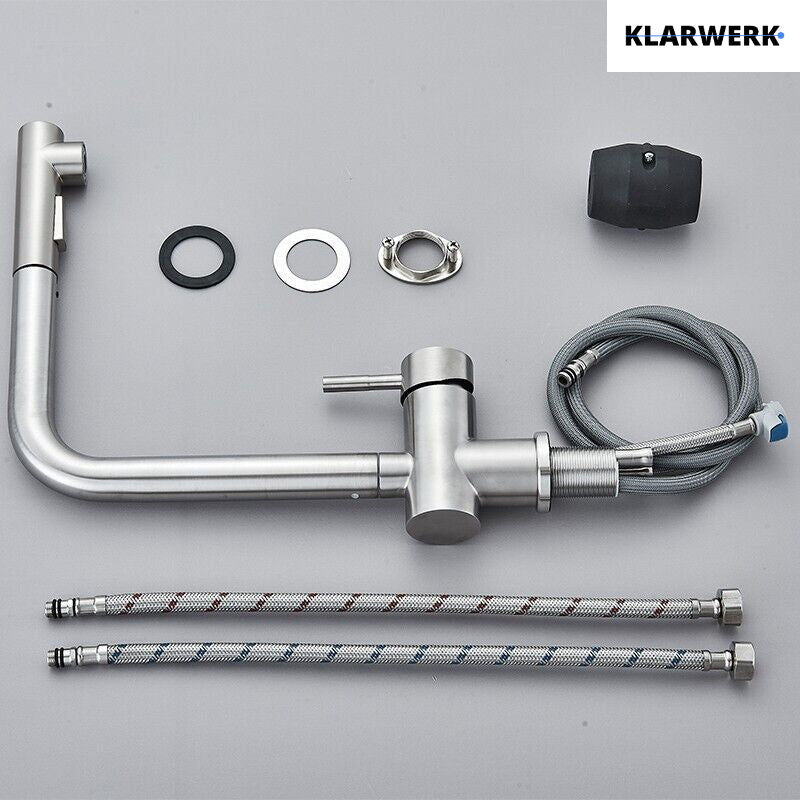 FELICE| Rubinetto da cucina estraibile Premium in acciaio inox argento spazzolato |Miscelatore canna dritta|gastronomia alta pressione 360° 2 attacchi