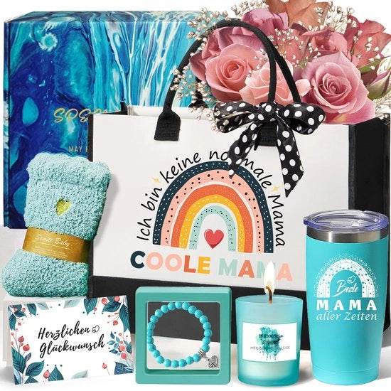 Regalo per la mamma - Scatola di regalo elegante - Borsa da portare - Tazza termica - Candelabro profumato - Calze di cotone