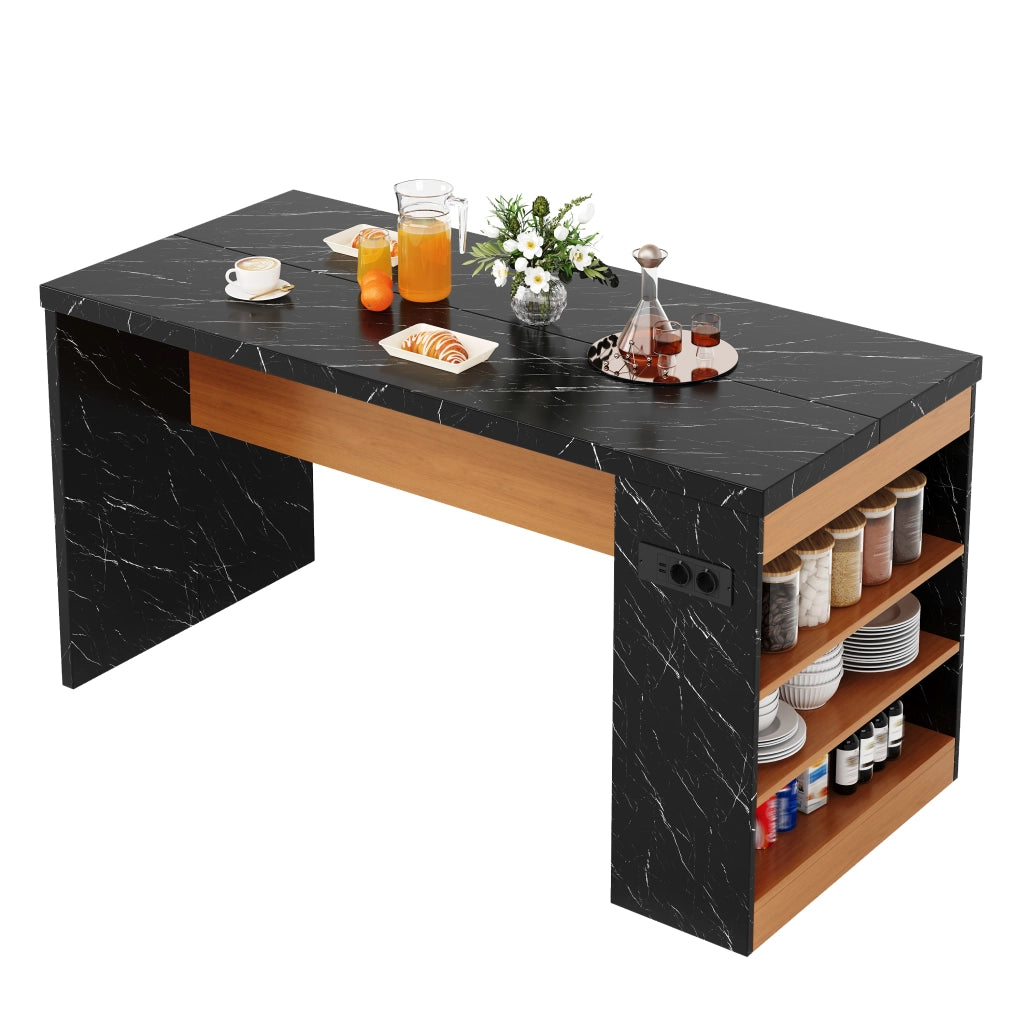 Isola cucina 155x80x90 cm con illuminazione LED, prese e 3 ripiani aperti, piano da 40 mm