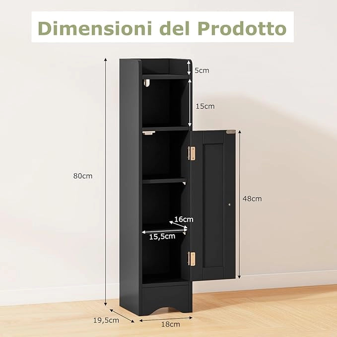 Mobiletto per Bagno Piccolo, Armadietto Salvaspazio da Terra Angolare con Porta e Ripiani Regolabili, Porta Carta Igienica Stretto, Mobiletto per Soggiorno, Cucina e Ingresso (Nero)