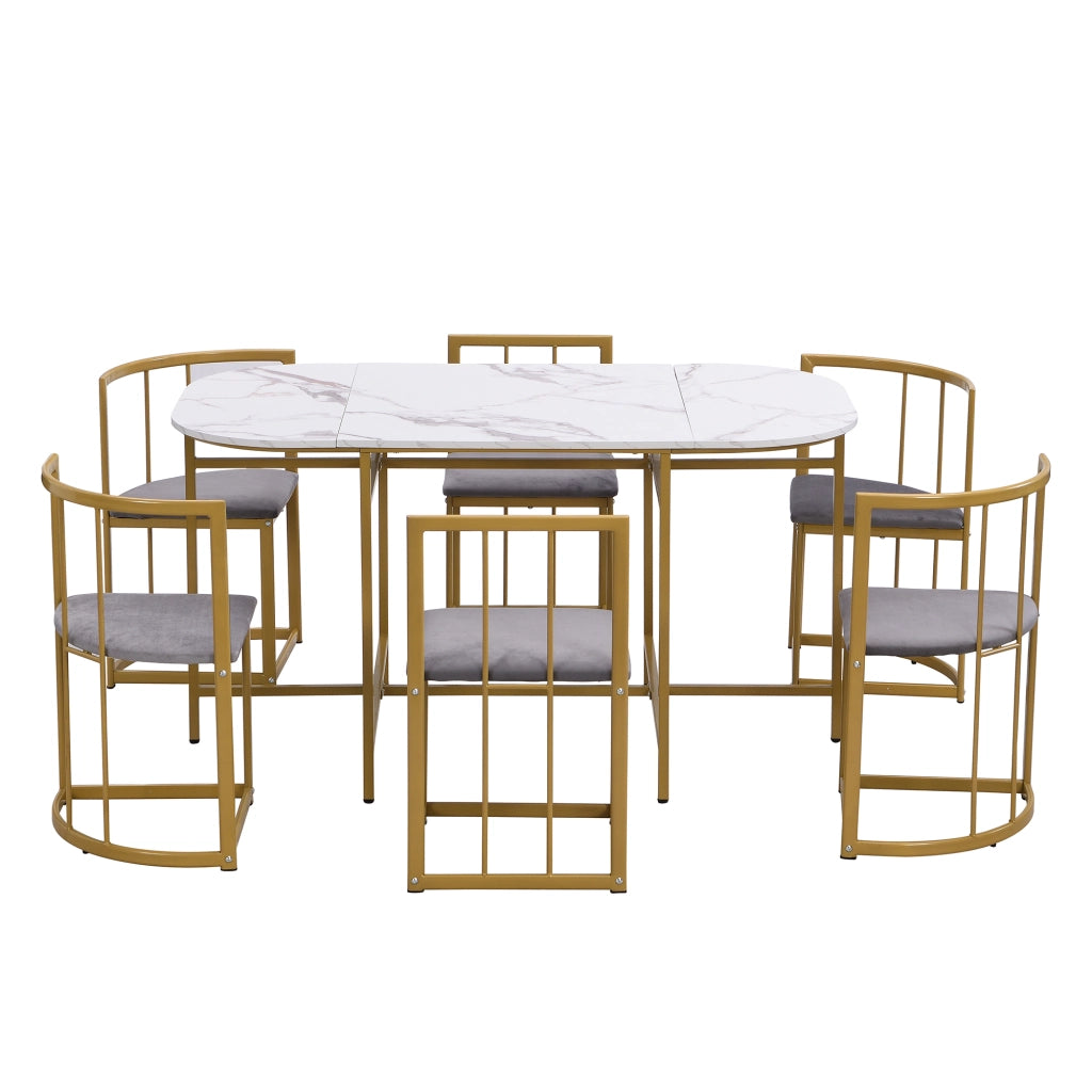 Tavolo da pranzo per 6 persone con sedie e schienale, cuscini grigi, struttura in ferro oro, in MDF, bianco