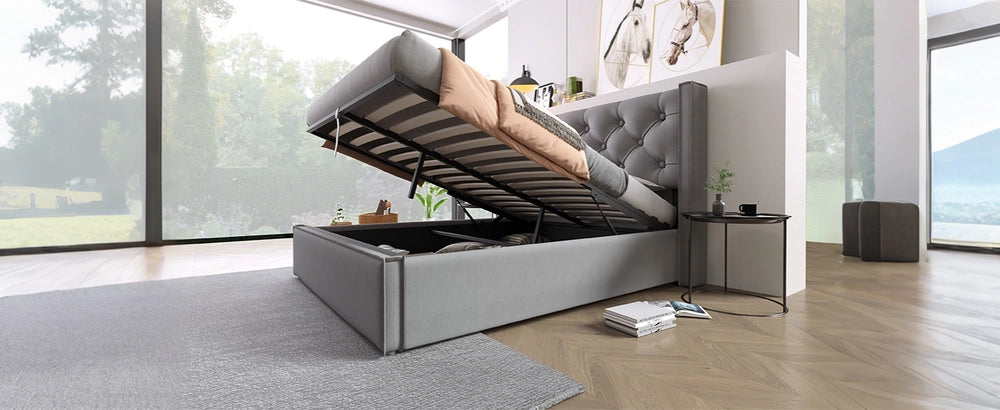 Letto Contenitore Matrimoniale Imbottito ¨C MINIMAL ¨C Tessuto Grigio 160x200 con Rete a Doghe Idraulico