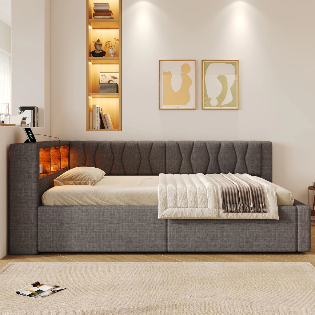 Letto da giorno 90x200 con contenitore; LED dimmerabile; ripiani e USB; lino e MDF; beige