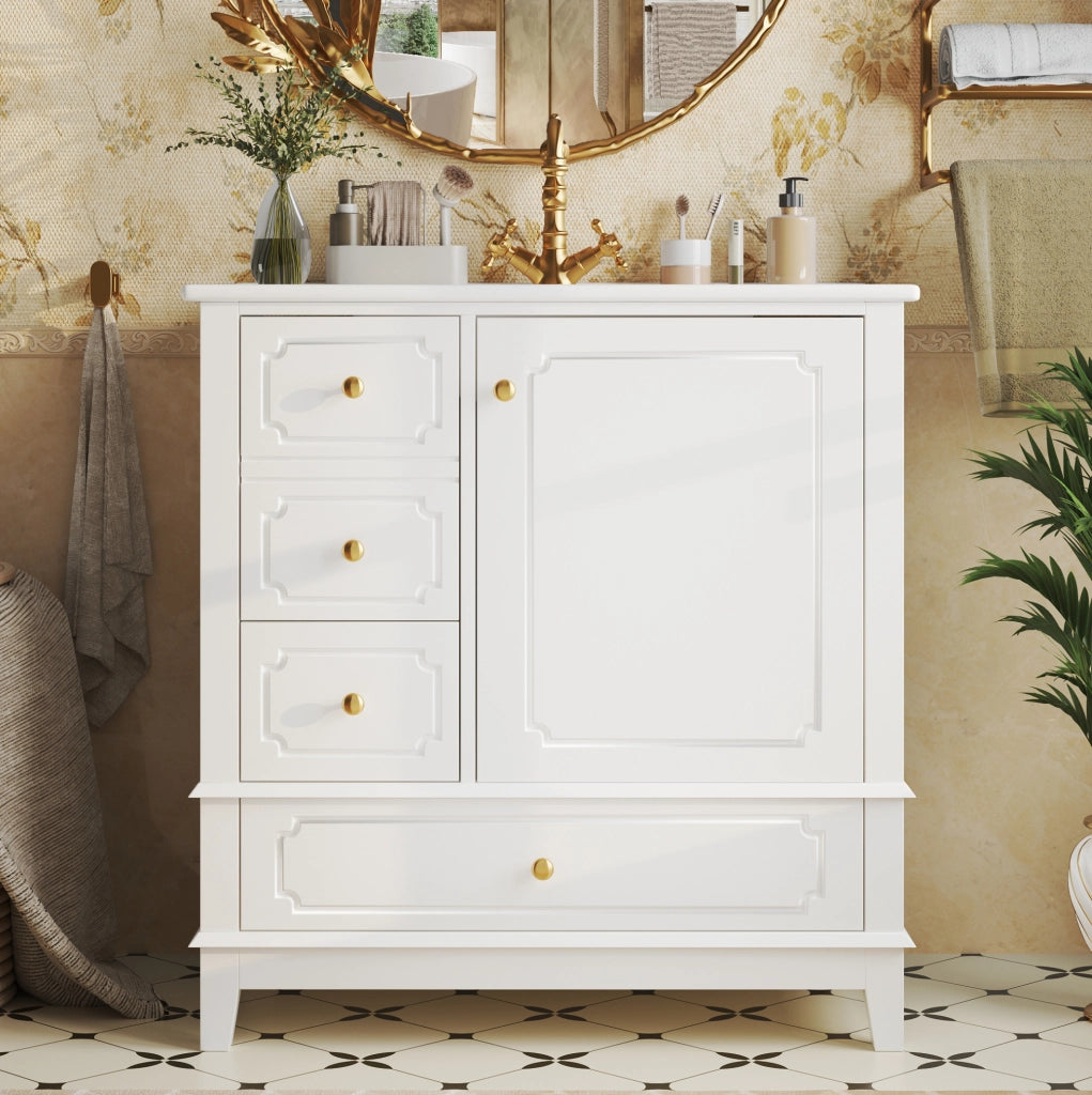 Mobile lavabo bagno 76,5 cm con lavabo in ceramica e maniglie oro