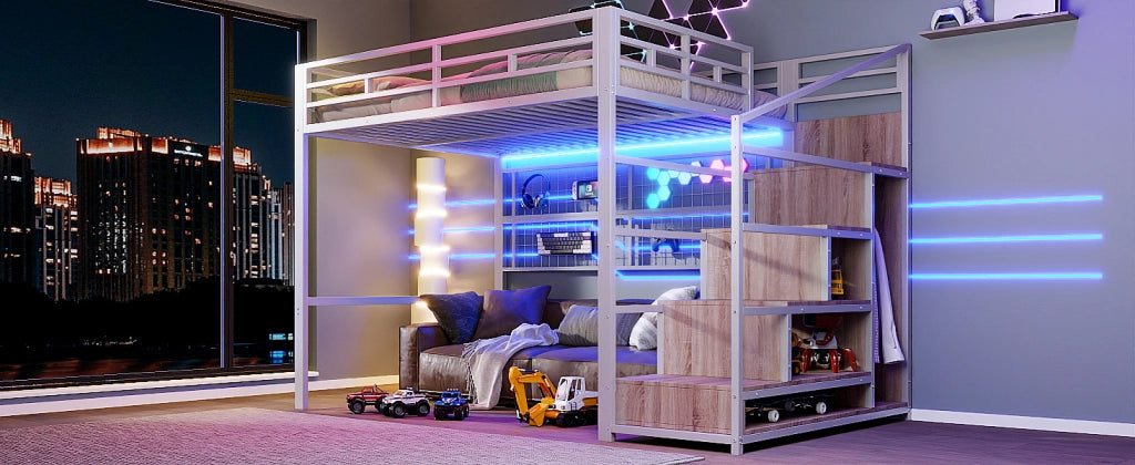 DESMIU Letto a soppalco matrimoniale con armadio, scala contenitore e LED regolabile 140 × 200 cm, senza materasso