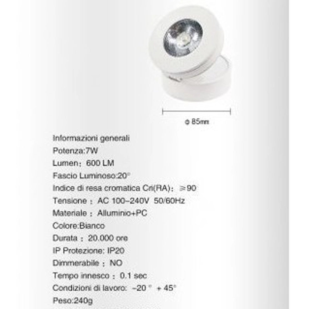Trade Shop - Faretto Led A Superficie Orientabile 7w Luce Naturale Fredda Calda Bianco F-7w-b -