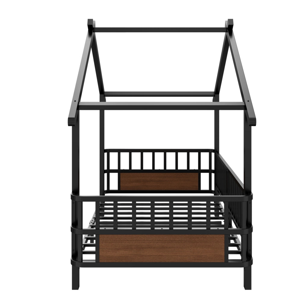Letto a casetta 90x200 cm con sbarre di sicurezza in metallo nero
