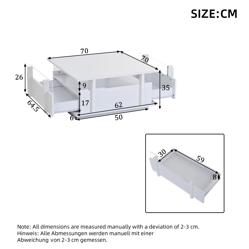 TAVOLINO Quadrato 70x70x35 cm Bianco lucido con 2 cassetti e illuminazione LED