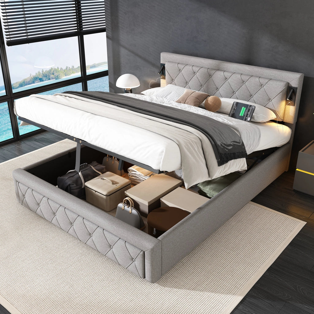 Letto imbottito matrimoniale 160x200 con luci laterali, porte USB, contenitore e rete a doghe in legno, grigio