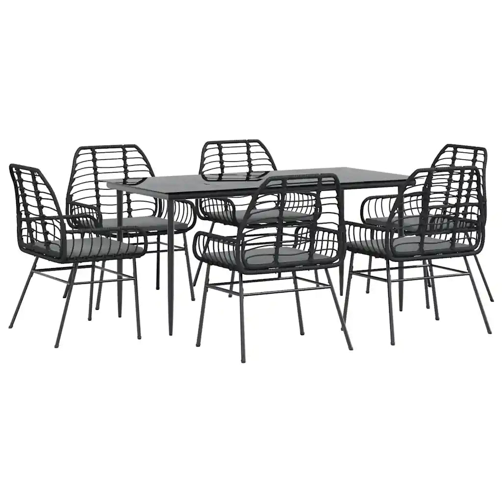 Set Pranzo da Giardino 7 pz Nero con Cuscini Polyrattan Vetro 3334454