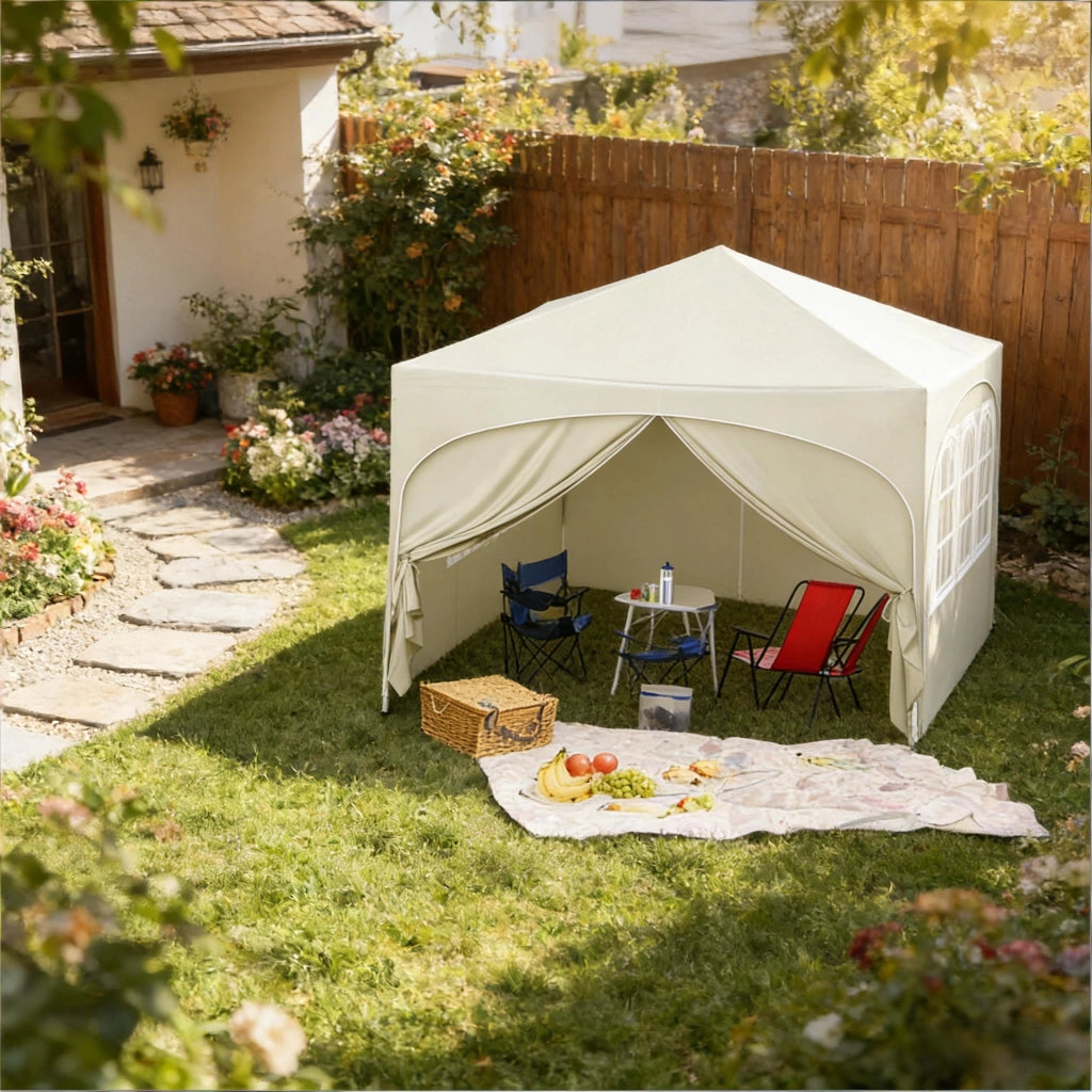 Pavillon da giardino 3x3 m pieghevole con pareti laterali, beige, struttura in metallo e tessuto Oxford 210D