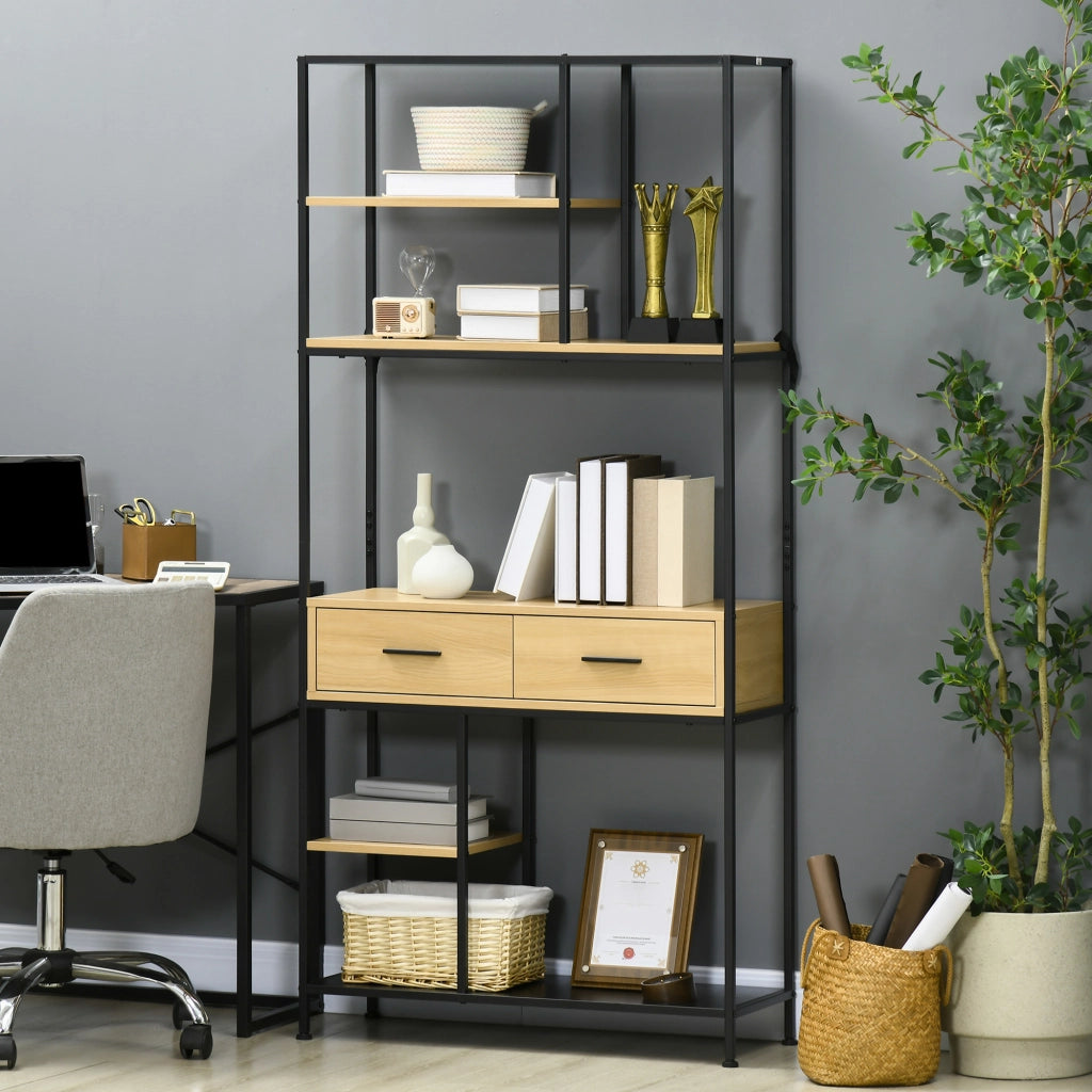 Libreria Scaffale 5 Livelli con 2 Cassetti in Metallo ¨C zephmum ¨C Rovere 80x30x170,5 cm