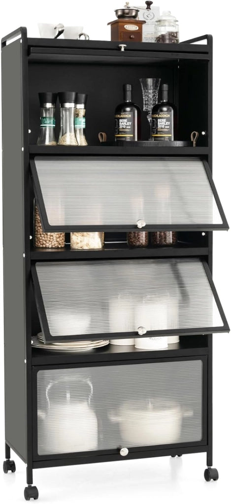 Armadio da Cucina a 5 Piani, Mobile Cucina Dispensa con Porte PC a Scomparsa, con 4 Ruote Girevoli, per Sala da Pranzo Soggiorno e Studio, 60x32x154 cm (Nero)