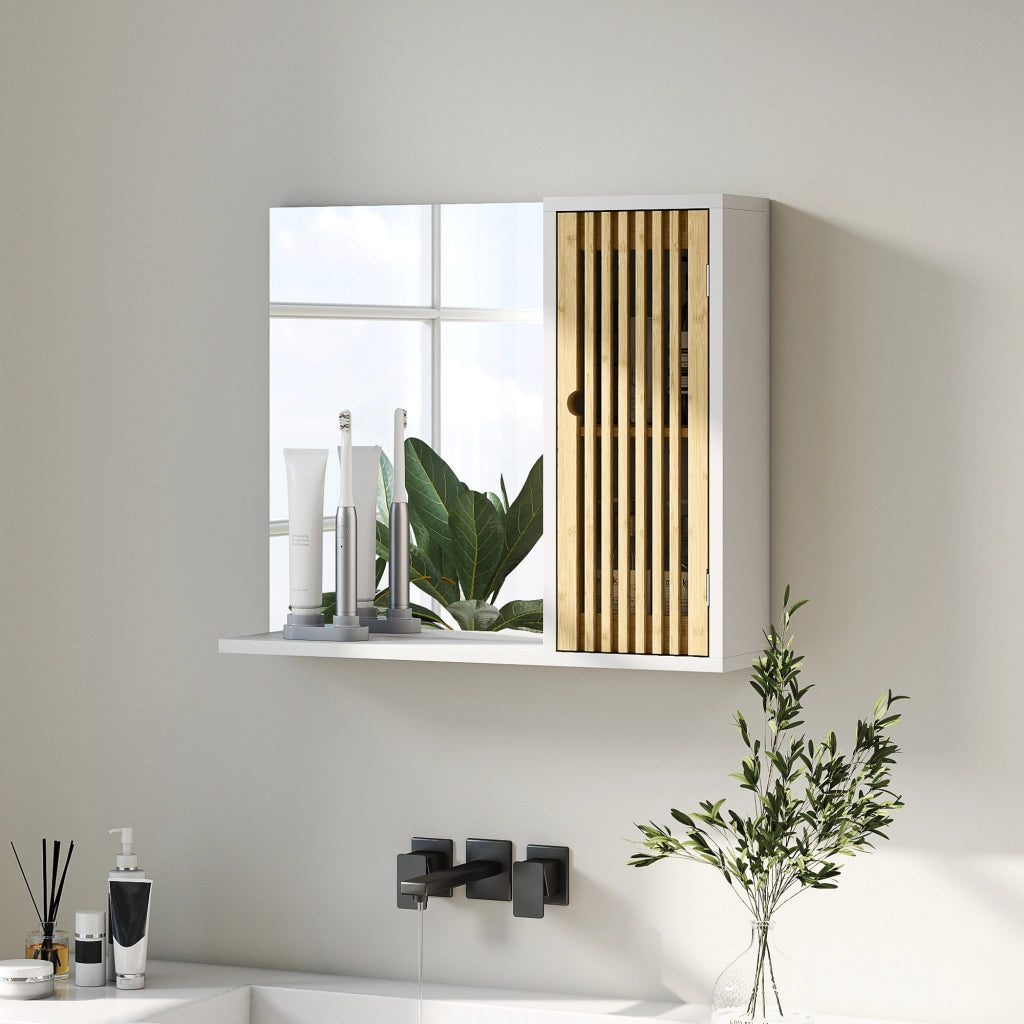 Specchio da Bagno con Ante e Ripiani ¨C zephmum ¨C 60x50 cm Bamb¨´ Bianco e Naturale