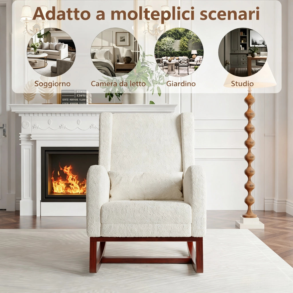 Poltrona relax a dondolo 67x64x99cm con poggiapiedi e tasche sedia a dondolo da interno per allattamento struttura in legno e teddy; bianco