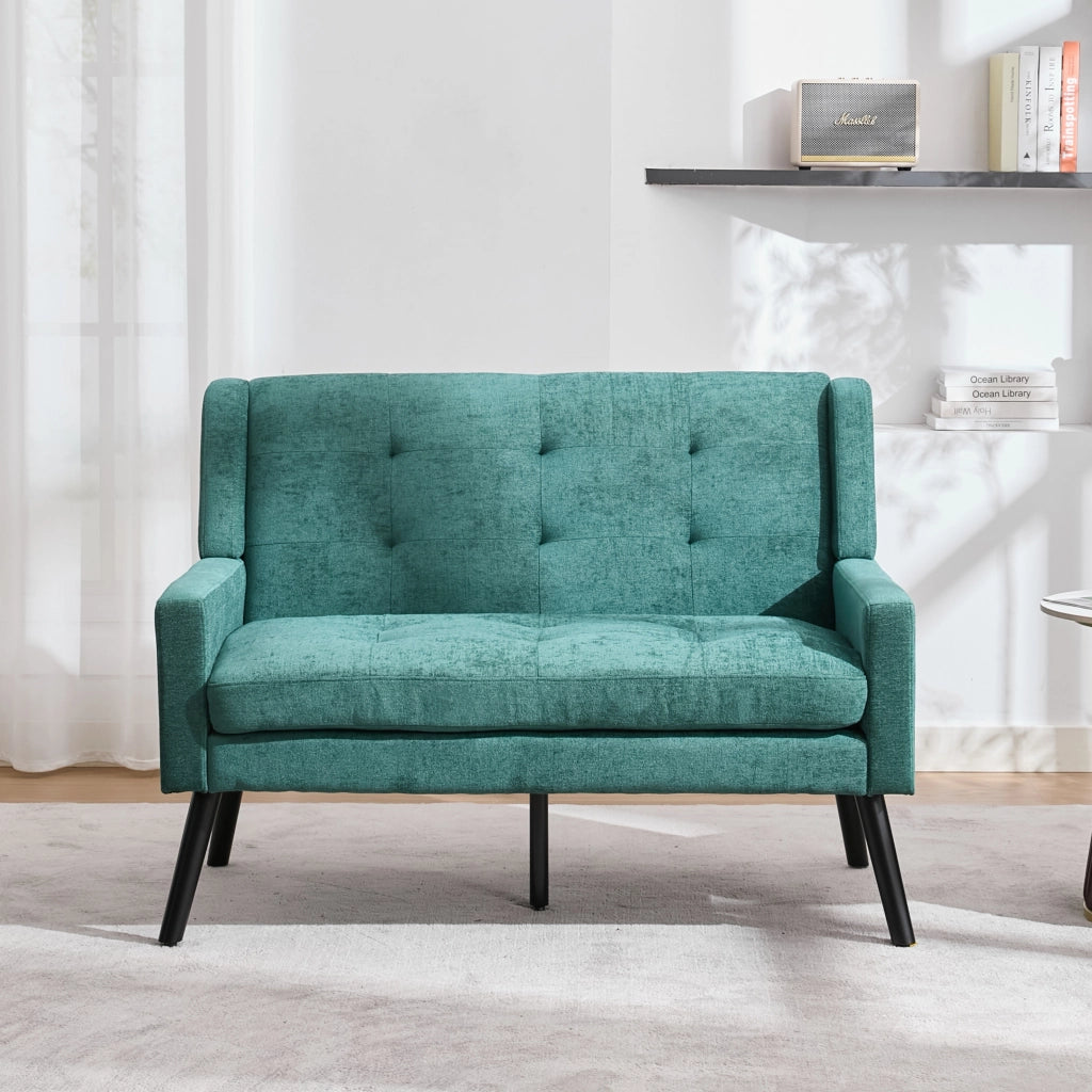 Panca 2 posti in lino con cuscino in schiuma ad alta densità e gambe in legno massello verde retrò 108.51 × 66.31 × 30.2 cm