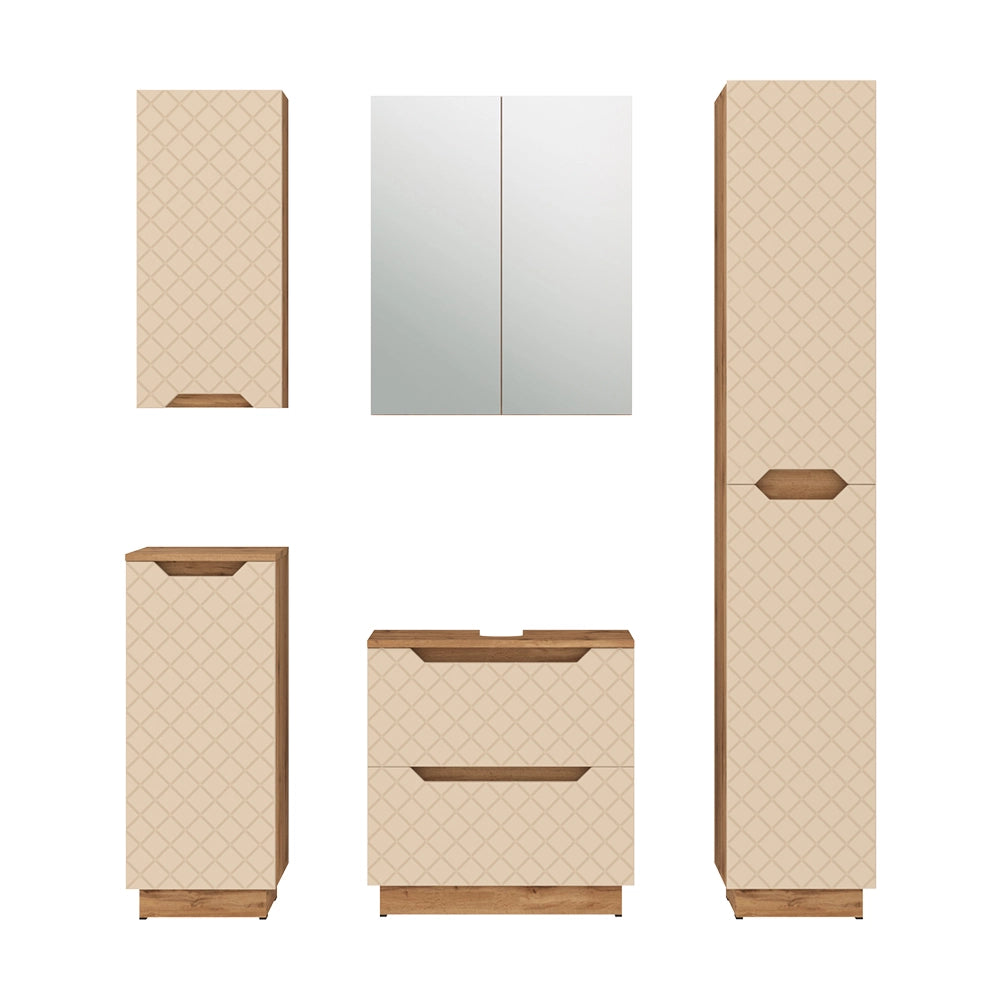 Vicco Set di mobili da bagno Rovere/cashmere con struttura in piastrelle 5 parti