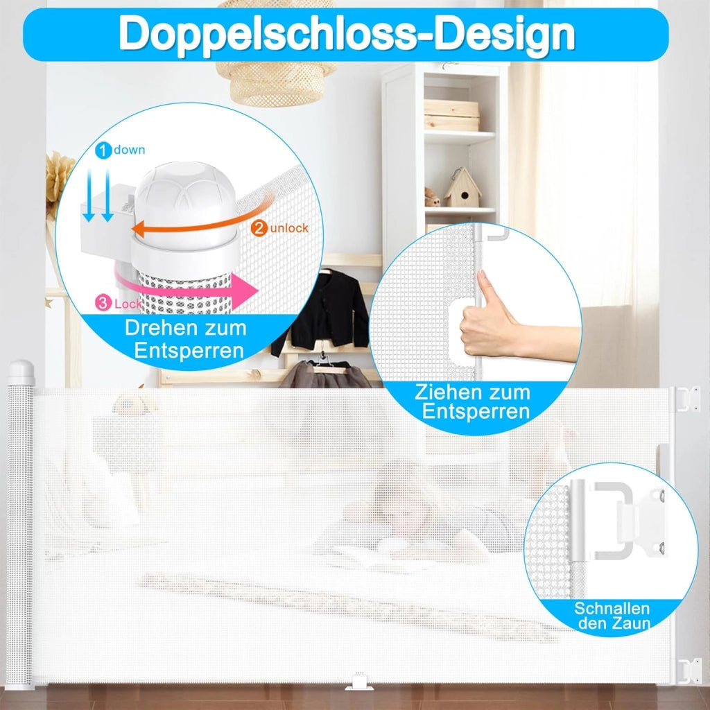 Griglia di protezione per porte e scale, estensibile, con chiusura automatica, griglia di sicurezza per porte e scale per bambini, in PVC, bianca, 300 cm