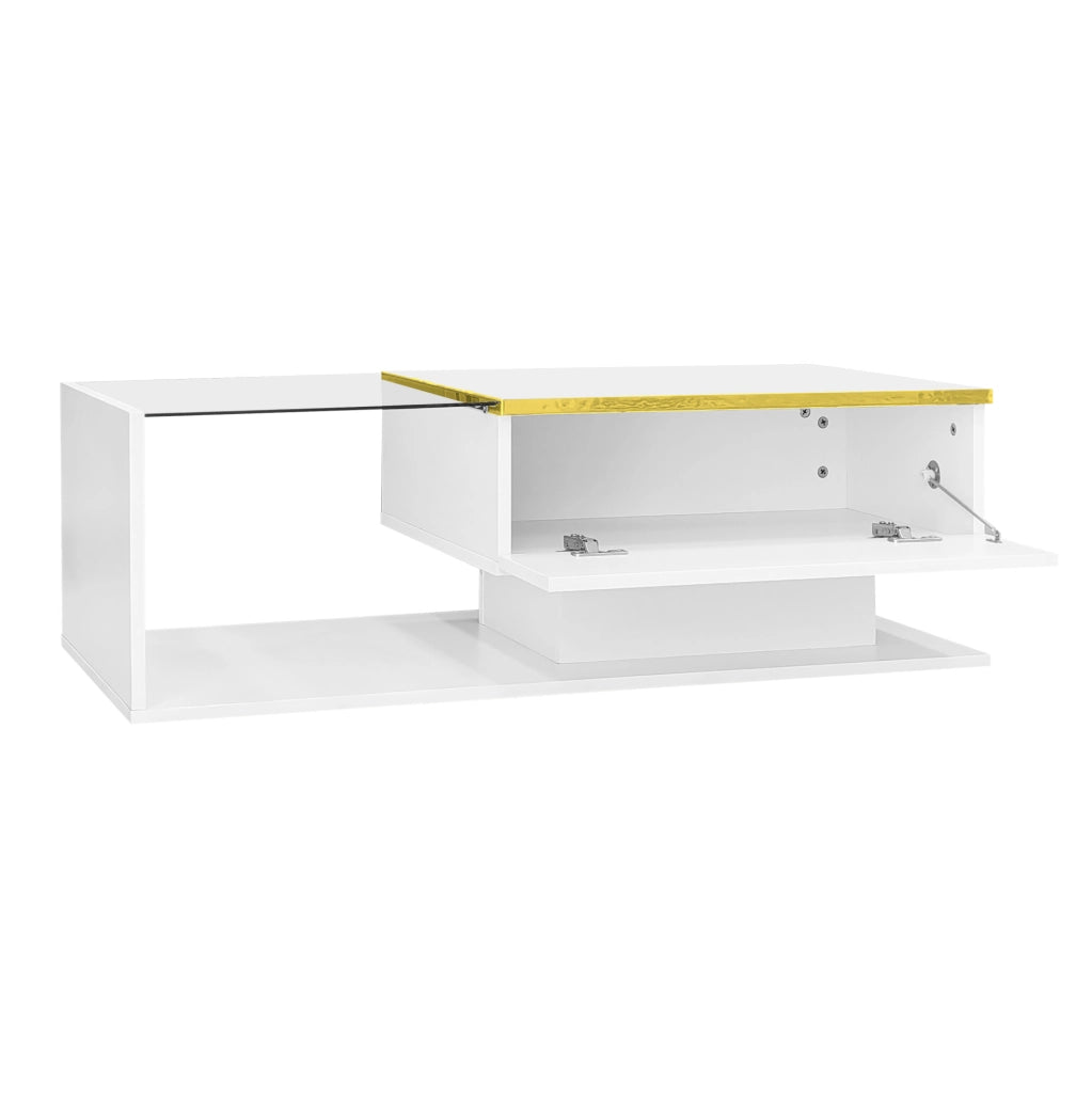 Tavolino da caffè moderno 100x50 cm in pannello truciolare bianco lucido con vetro e LED