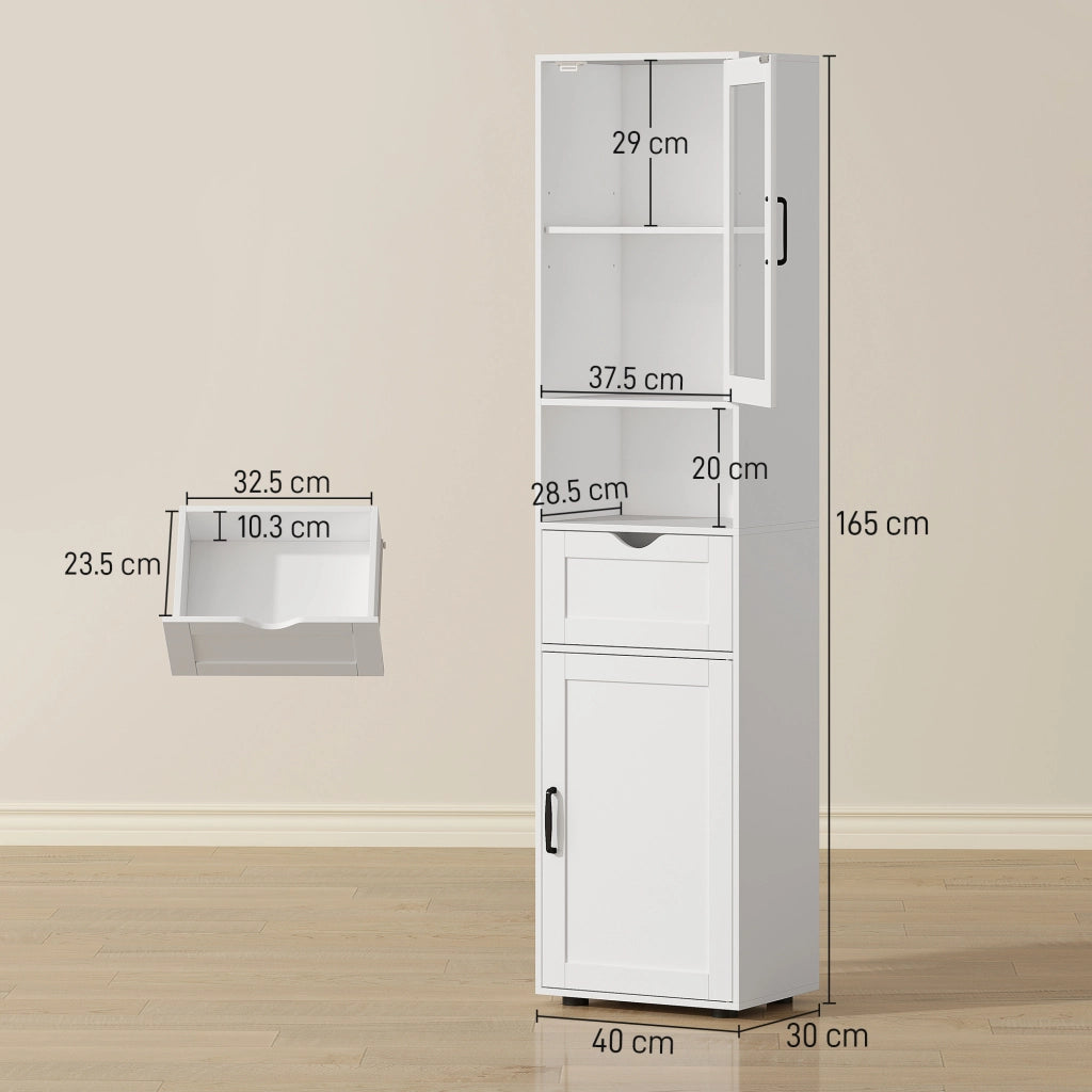 Mobile a Colonna Bagno 40x30x165 cm con 2 Armadietti Cassetto e Ripiano Aperto in Legno Bianco