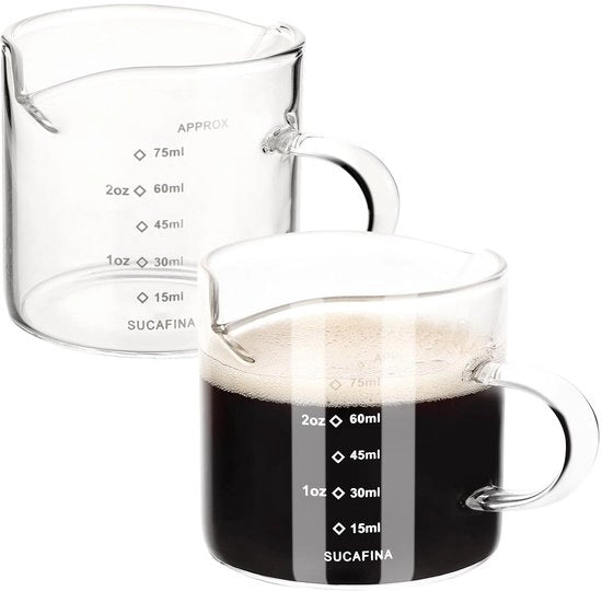 Misura Espresso a Vaso 75ml - Bocchetta a Doppio Tappo - Tappo a V - Campo di Temperatura - Bicchiere a Vetro di Precisione - Manico Progettato a Mano