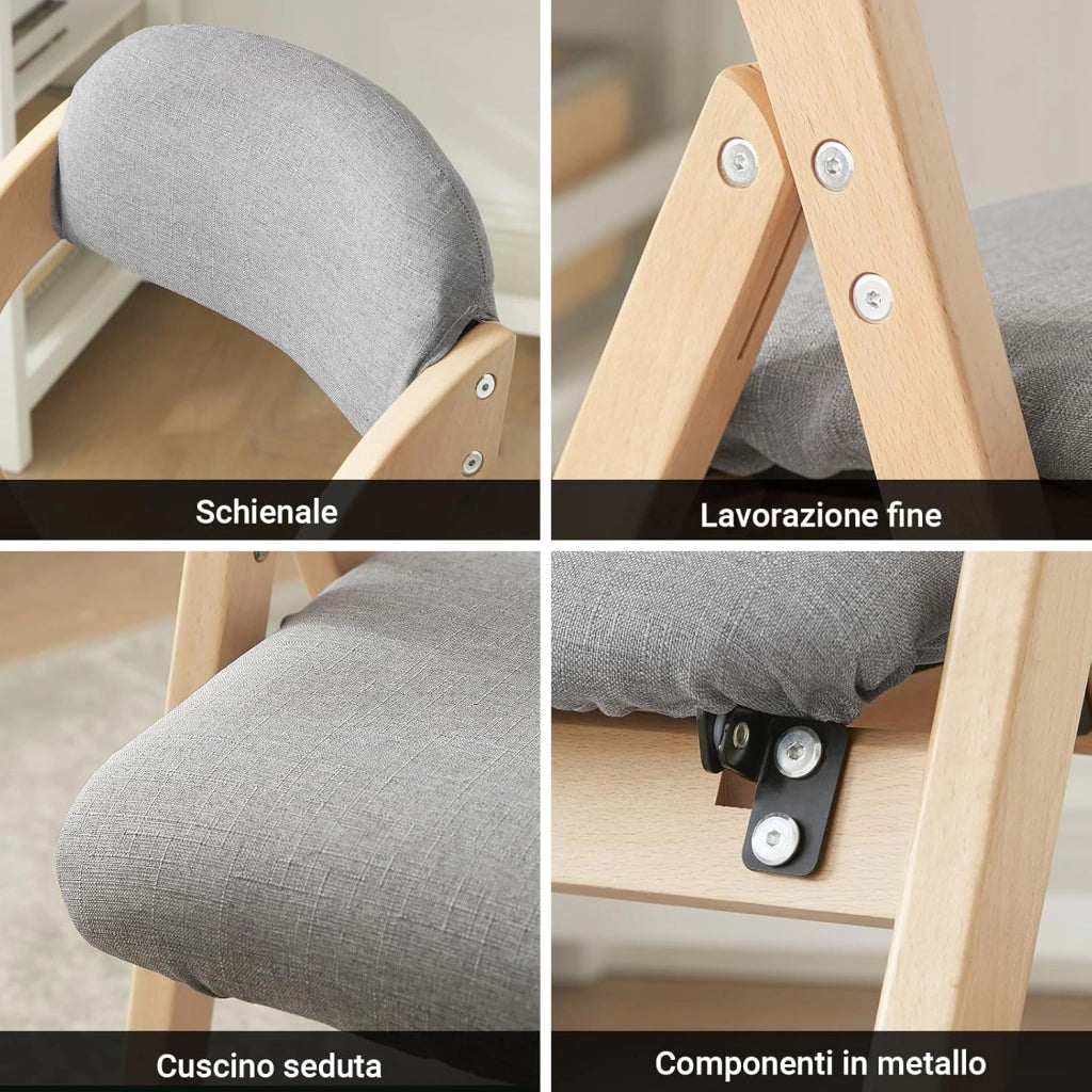 Sedia Pieghevole in Legno Set da 2 Poltrona Imbottita da Cucina, Sedie da Interno per Ufficio, Balcone, Giardino – Sedie Pieghevoli Salvaspazio Richiudibili in Faggio, Grigio Chiaro FST92-Nx2
