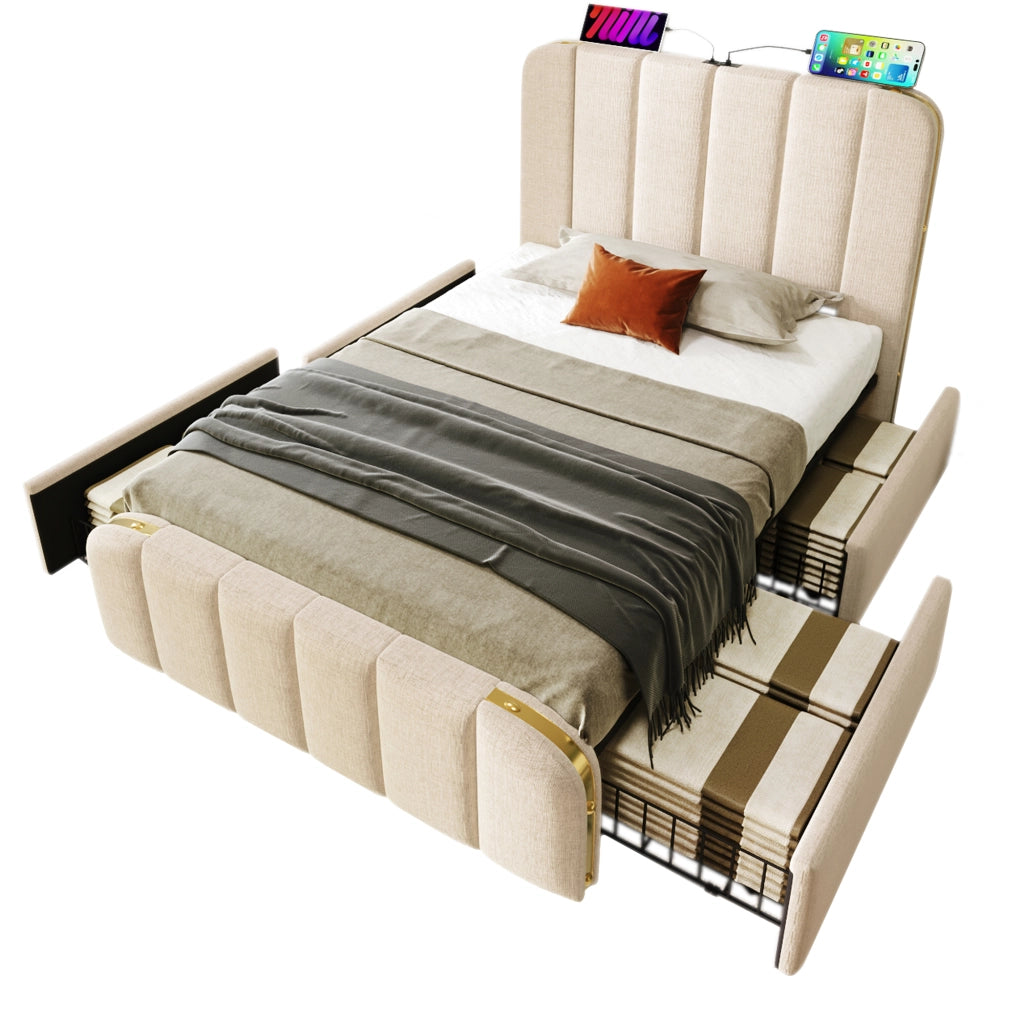 Letto con Cassetti 140 x 200 cm; Letto Matrimoniale con USB; Type-C; LED e Testiera Contenitore; senza Materasso; Grigio