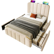 Letto con Cassetti 140 x 200 cm; Letto Matrimoniale con USB; Type-C; LED e Testiera Contenitore; senza Materasso; Grigio