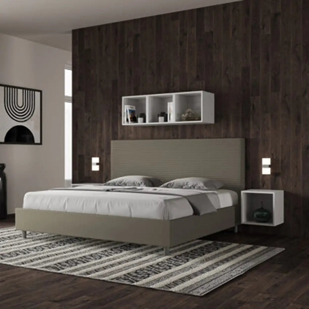Letto matrimoniale king size con rete imbottito 200x200 similpelle cappuccino Focus