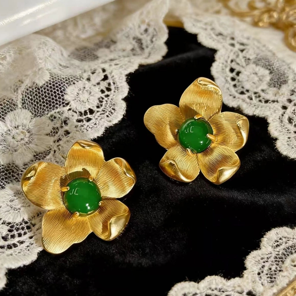 Orecchini a forma di fiore con ago in argento S925 e cristallo verde