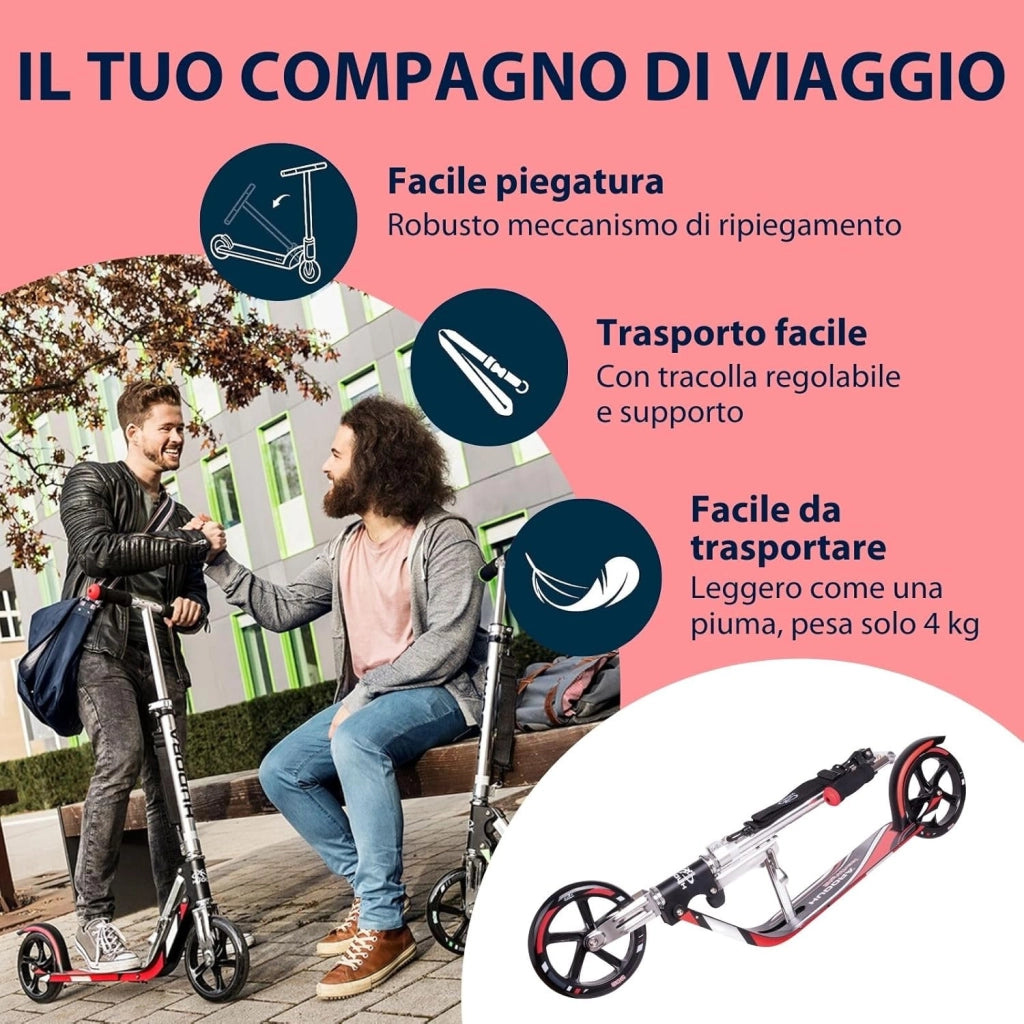 HUDORA Monopattino BigWheel 205 - in alluminio resistente - Monopattino pieghevole regolabile con cavalletto - sportivo per bambini e adulti fino a 100 kg - nero/rosso