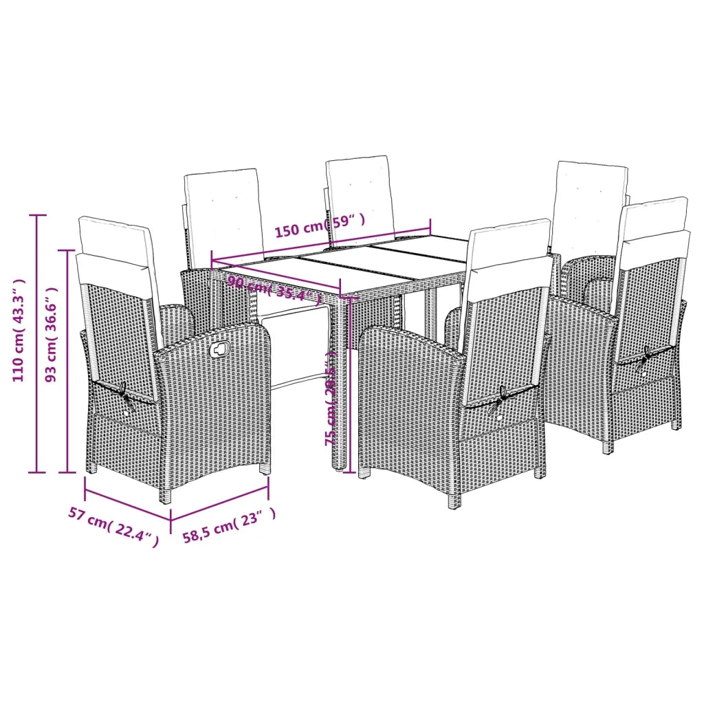 Set da Pranzo da Giardino 7 pz Nero con Cuscini in Polyrattan 3212459