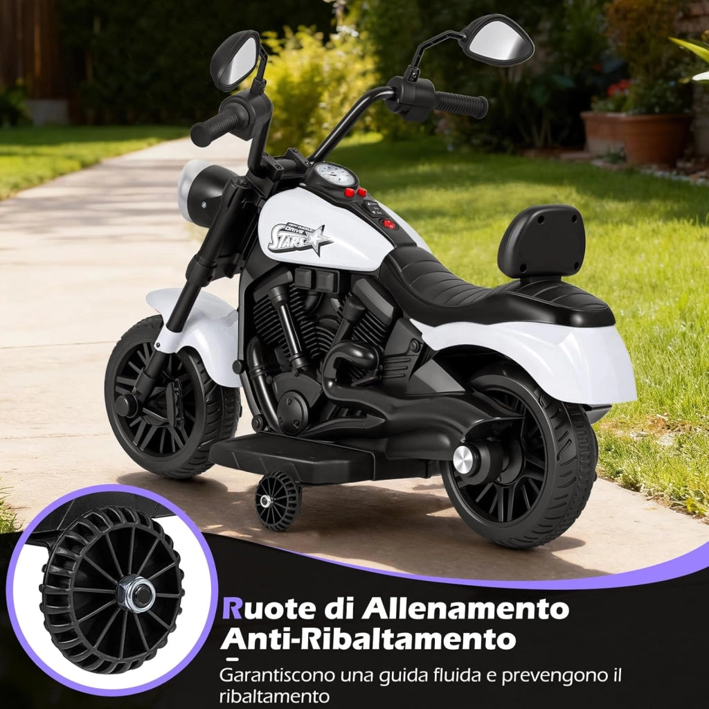 Moto Elettrica per Bambini, 6V Moto Cavalcabile con 2 Ruote di Supporto, Pedale, Fari e Musica, 2,4 km/h, per Bambini 3 Anni+, 79x58x56 cm (Bianco)