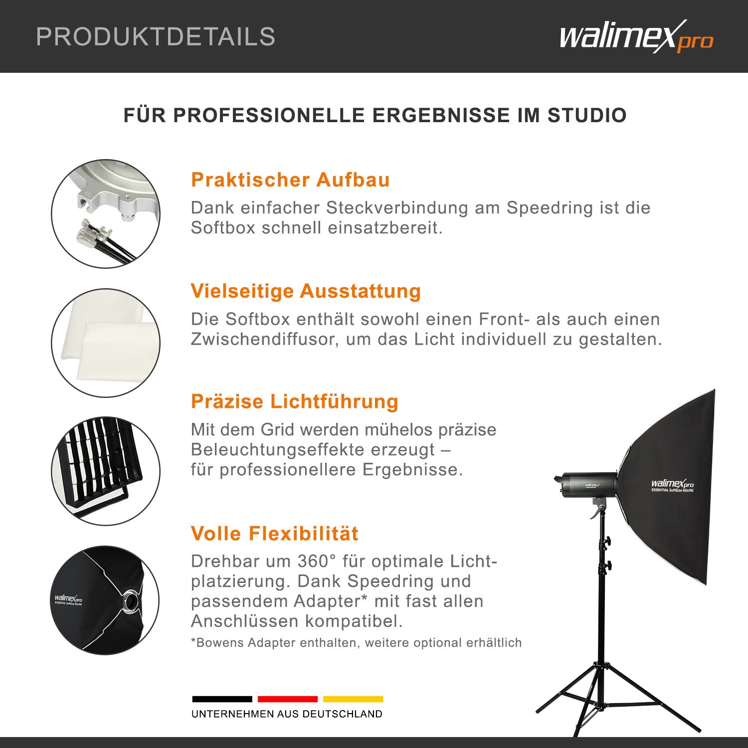 Essential Softbox 60x90cm + adattatore softbox per Elinchrom (diametro esterno: 15,2 cm), ruotabile a 360°, facile da montare, griglia inclusa, adattatore Bowens e borsa di trasporto