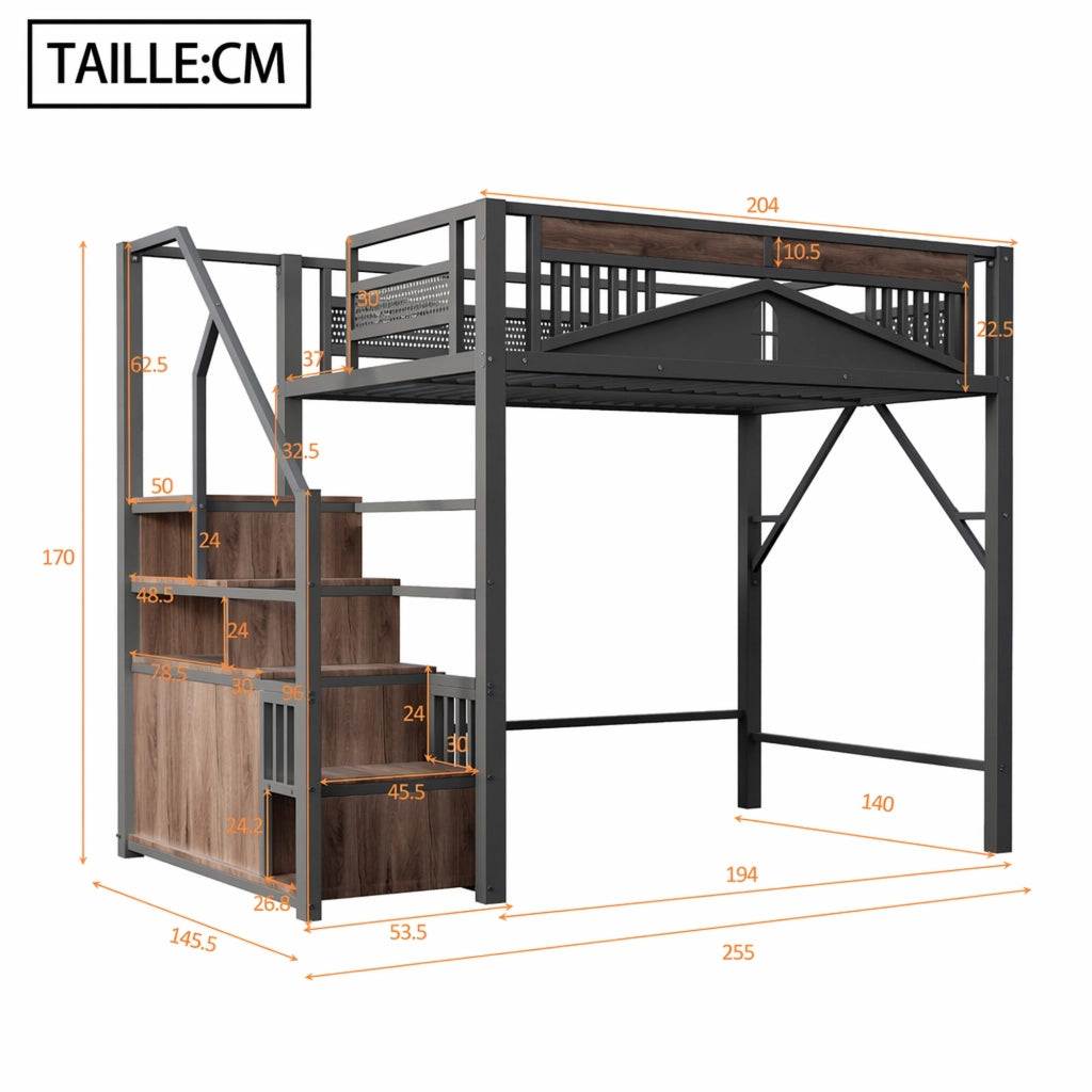 DESMIU Letto a soppalco matrimoniale con scala contenitore, armadietto e finestra 140 × 200 cm, senza materasso
