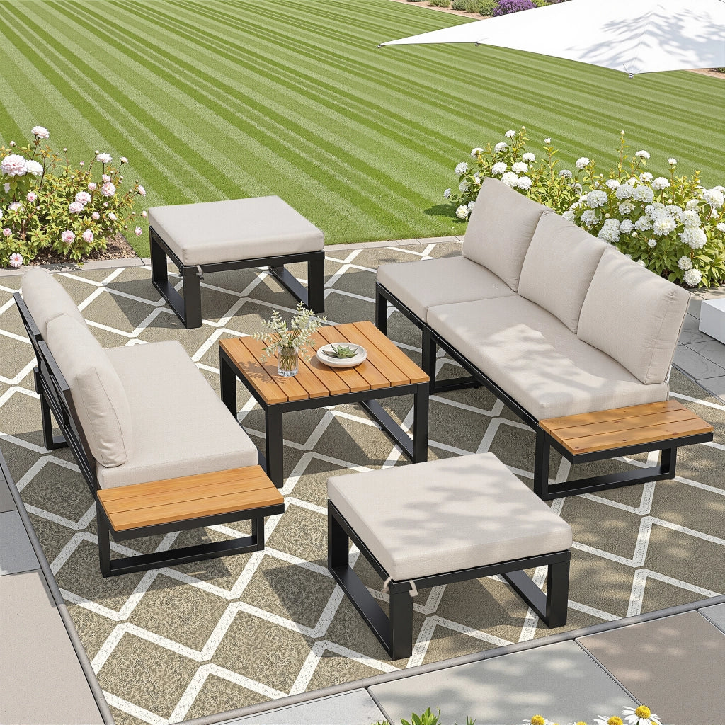 Set Divano Angolare da Giardino 6 pezzi con Tavolino ¨C MINIMAL ¨C Acciaio, Cuscini Grigio/Beige, Schienale Regolabile