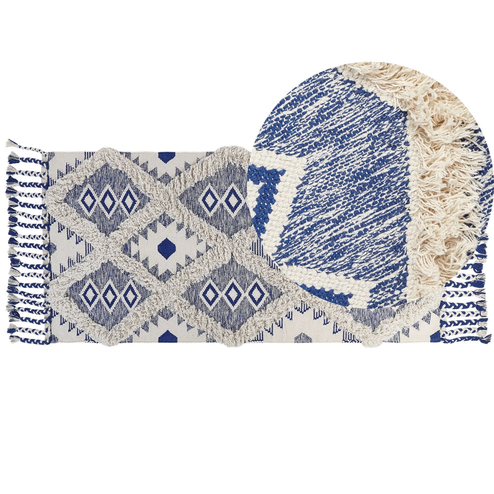 Tappeto in cotone con nappe di colore beige e blu 80 x 200 cm soggiorno camera da letto