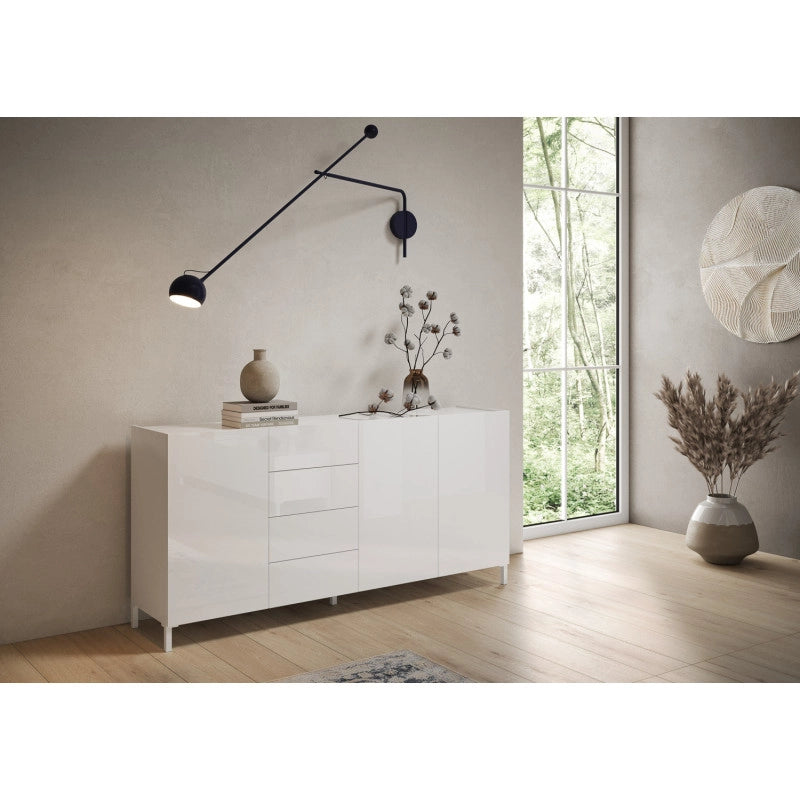 Madia moderna 3 ante/4 cassetti 174x40x84 cm Solaria - Bianco Lucido