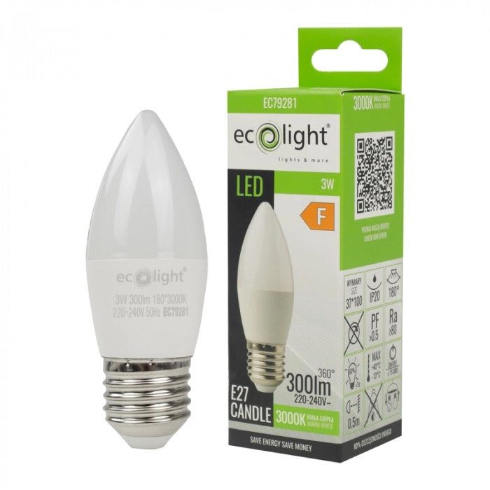 Lampadina LED candela E27 3W 270lm 3000K Ecolight antiflicker