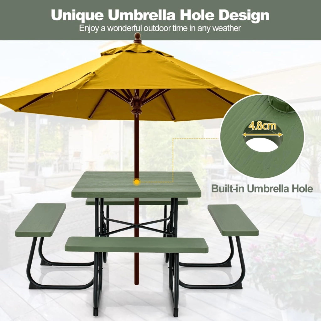 Set di tavolo da picnic per 8 persone, tavolo quadrato e 4 panche in HDPE, con foro per ombrellone, texture simile al legno, per giardino, patio (verde)