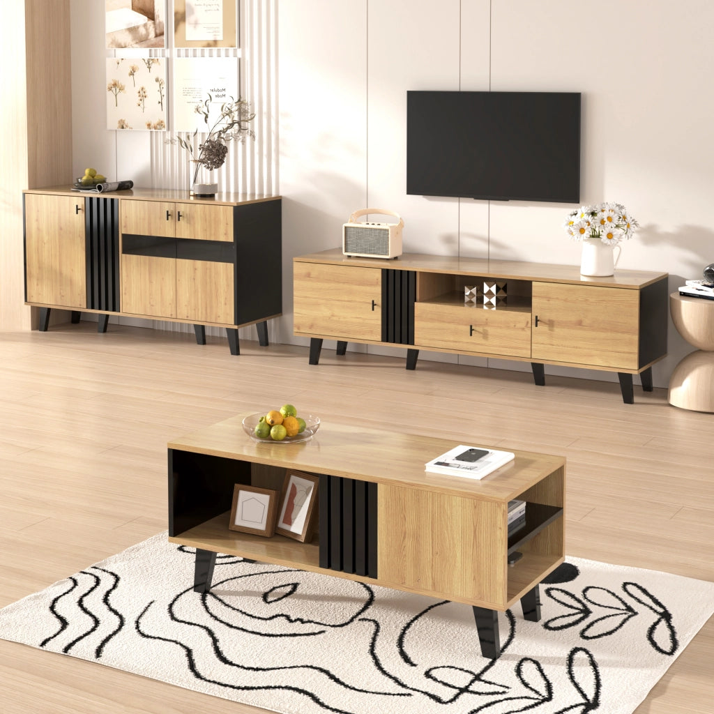 Set di Mobili da Soggiorno con 1 Tavolino; 1 Mobile TV e 1 Credenza con LED; per Soggiorno Moderno; Vetro e Pannelli di Particelle; Nero e Legno