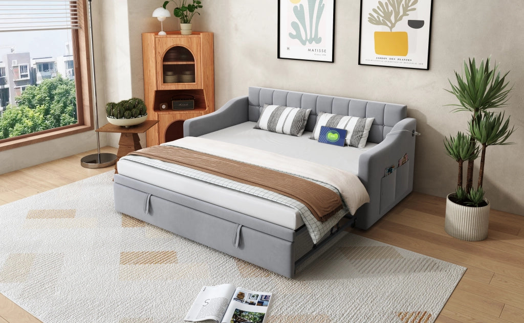 Letto divano 2 in 1 imbottito velluto grigio chiaro 90x190 cm