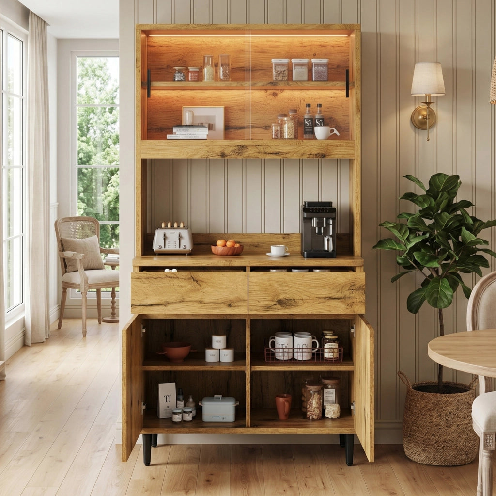 Credenza alta da sala da pranzo 100x40x185 cm con LED; prese e porte in vetro; rovere