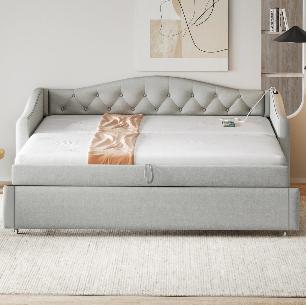 Divano Letto Imbottito Estraibile 90x200 cm con Porta USB, Tessuto Lino Grigio, Struttura in Metallo e Legno, Rete a Doghe Inclusa (Materasso Non Incluso)